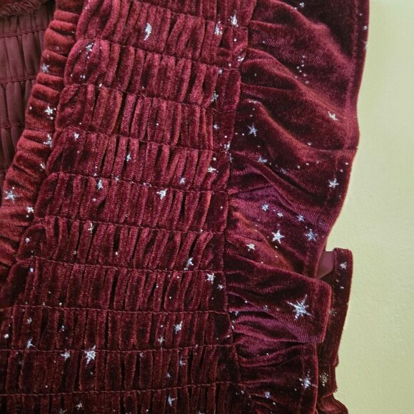 Aqua Burgundy Velvet Smocked Ruffle Metallic Silver Star Mini Dress Size S - Picture 5 of 6
